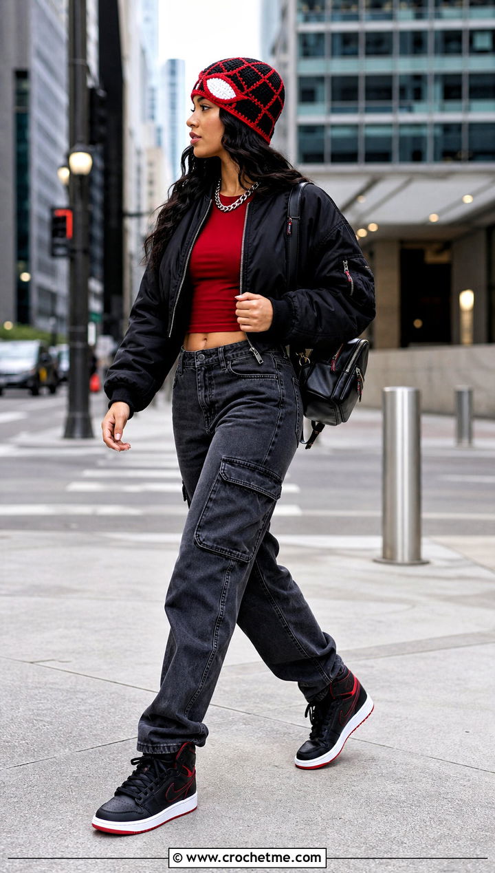 Miles Morales Spider Man Crochet Beanie With Bomber Jacket - 35 spider man crochet beanie outfit ideas