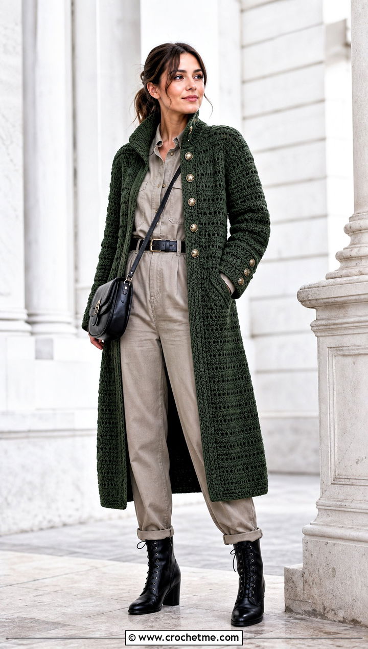 Military Crochet Coat With Utility Jumpsuit - 25 crochet coat ideas