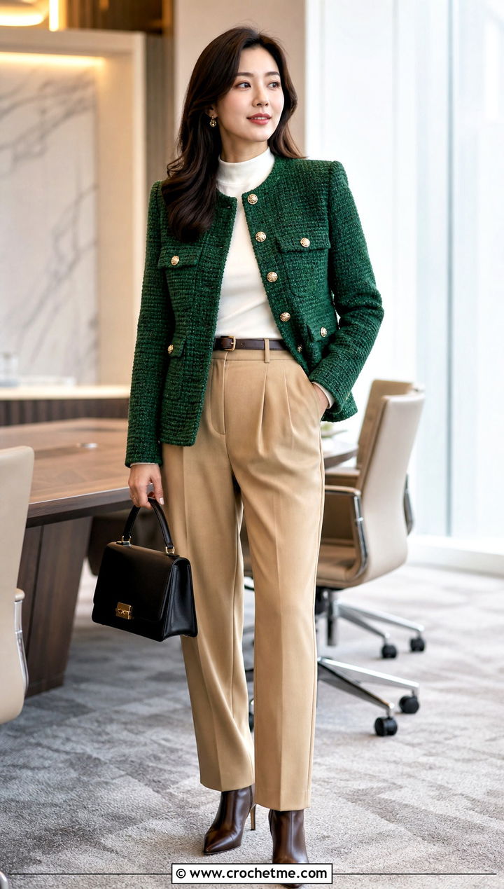 Military Crochet Tweed Jacket With Pleated Trousers - 30 crochet tweed jacket outfit ideas