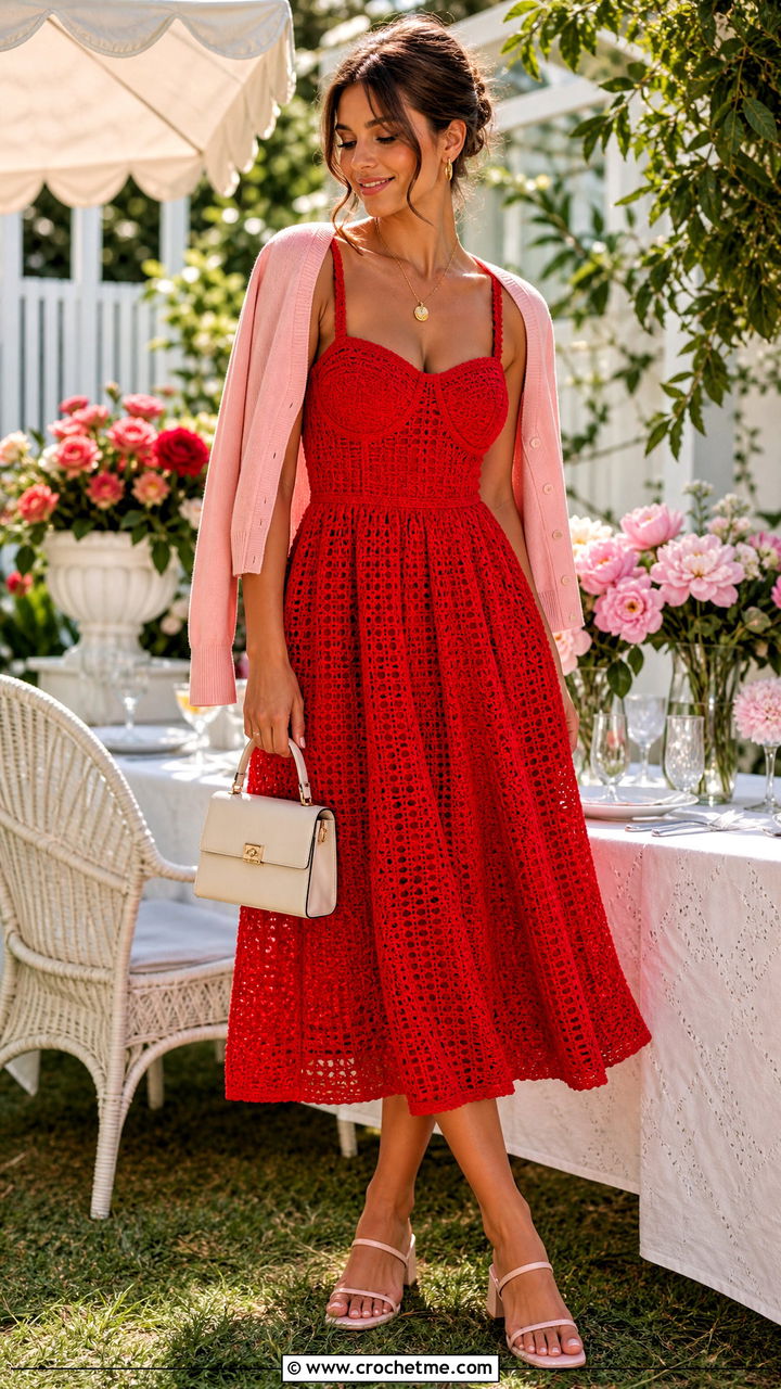 Milkmaid Crochet Midi Sundress With Low Heeled Sandals - 35 crochet sundress outfit ideas