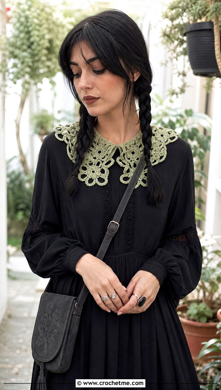 Milky Pistachio Floral Motif Crochet Collar With Boho Dress - 15 wednesday addams crochet collar outfit ideas