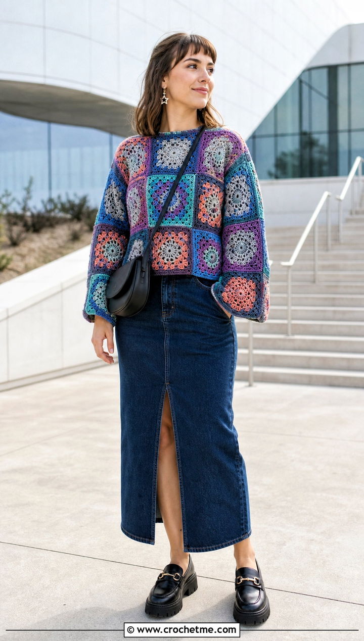 Millennium Falcon Granny Square Crochet Sweater With Denim Skirt - 20 Star Wars Crochet Sweater outfit ideas