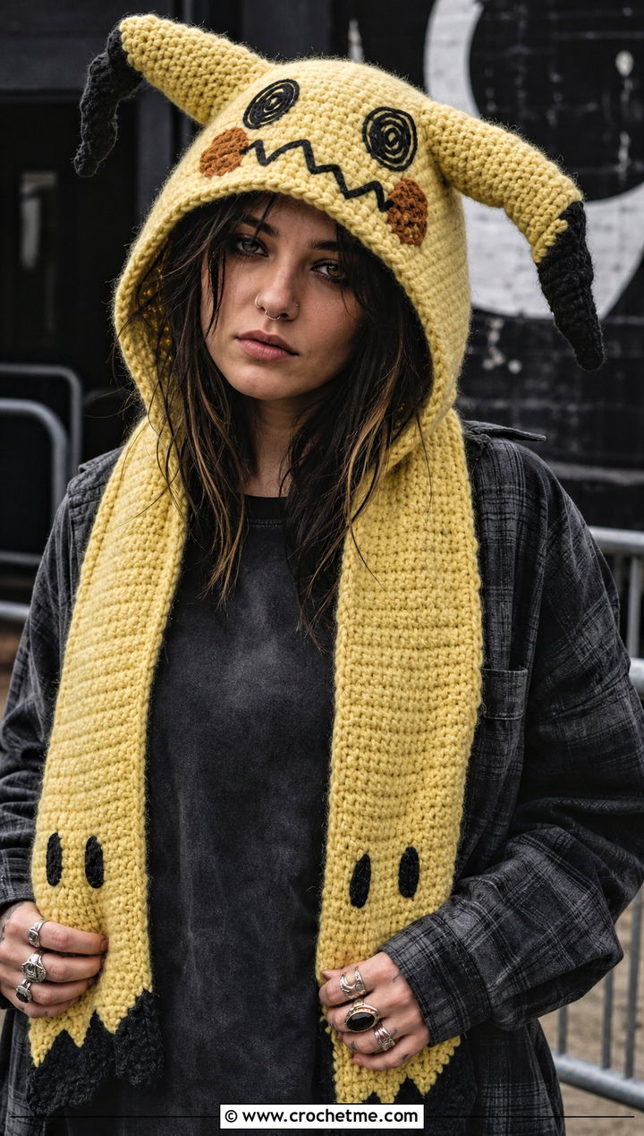 Mimikyu Hooded Scarf With Grunge Layers - 25 Crochet Pokemon Scarf outfit ideas