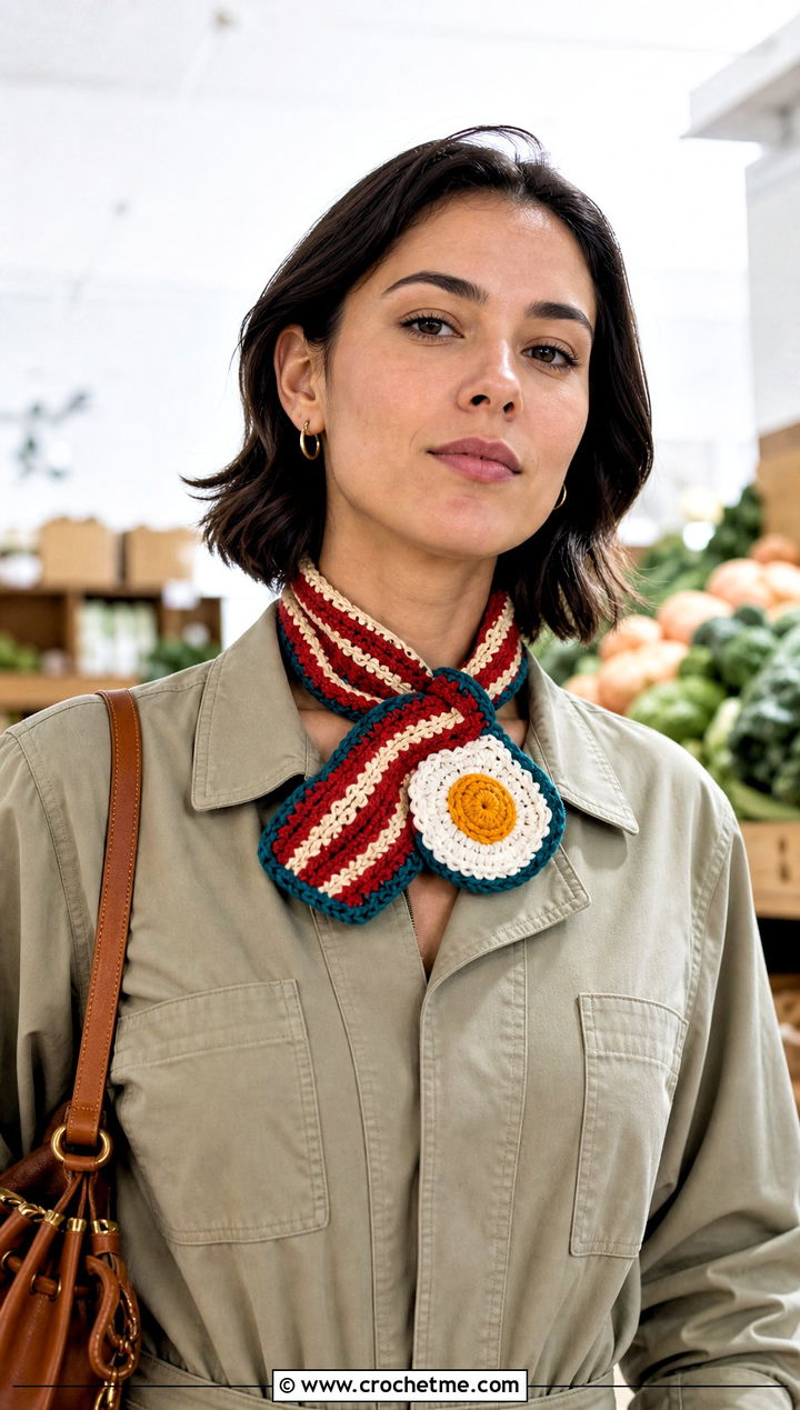 Mini Bacon And Egg Neck Scarf With Utility Jumpsuit - 20 Crochet Bacon And Eggs Scarf outfit ideas