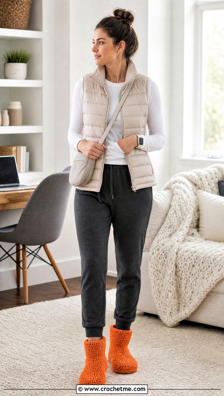 Mini Bean Stitch Crochet Slipper Boots With Joggers And Vest - 35 crochet slipper boots outfit ideas