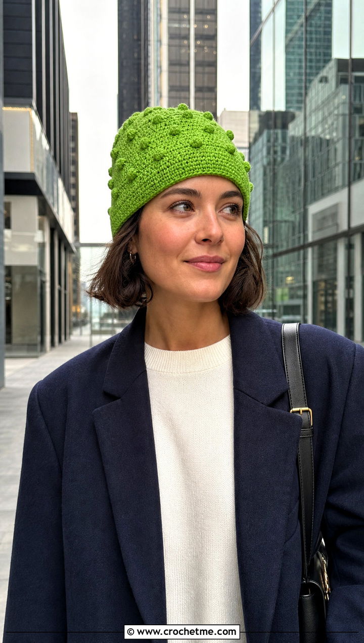 Mini Bobble Stitch Crochet Hat With Blazer And Jeans - 30 crochet bobble hat outfit ideas