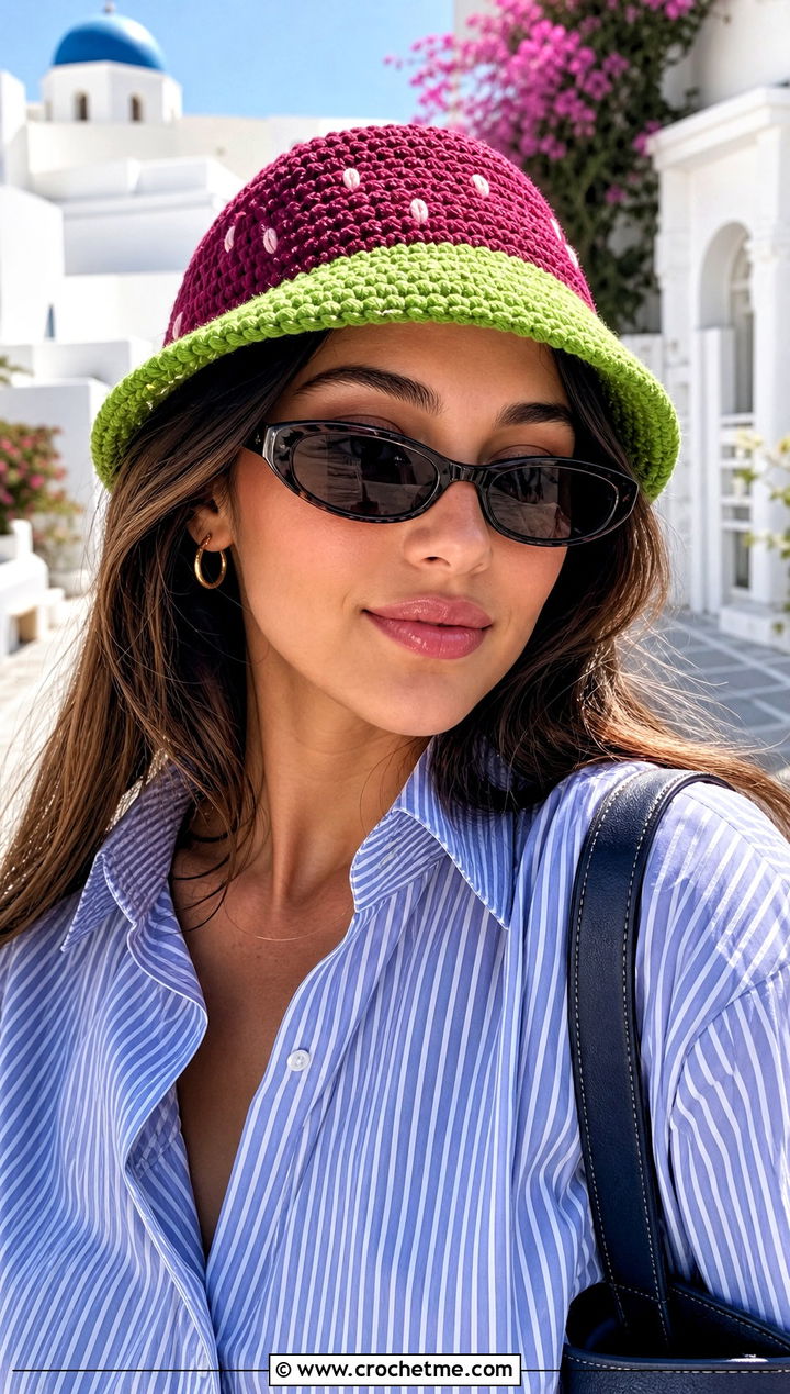 Mini Brim Crochet Watermelon Bucket Hat With Button Down And Bermuda Shorts - 30 crochet watermelon bucket hat outfit ideas