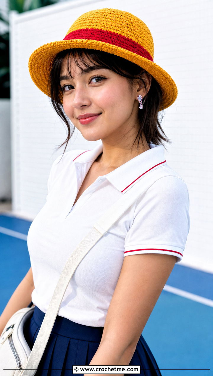 Mini Brim Luffy Crochet Straw Hat With Polo Shirt And Tennis Skirt - 25 luffy crochet straw hat outfit ideas