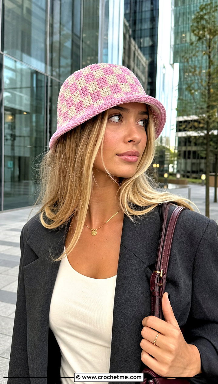 Mini Check Crochet Bucket Hat With Blazer And Trousers - 20 checkerboard crochet bucket hat outfit ideas
