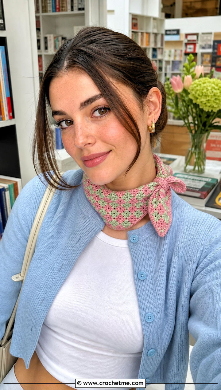 Mini Checkered Crochet Neckerchief With Cardigan and A Line Skirt - 20 Checkered Crochet Scarf outfit ideas