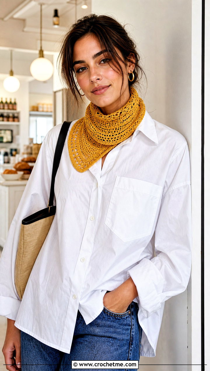 Mini Crescent Crochet Shawl With White Shirt And Jeans - 25 Crescent Crochet Shawl outfit ideas