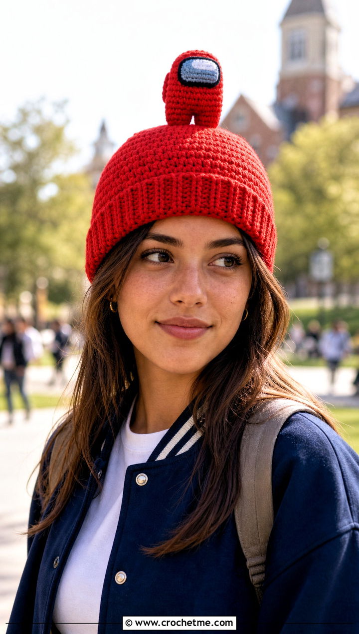 Mini Crewmate Topper Beanie With Varsity Jacket - 20 Among Us Crochet Hat outfit ideas