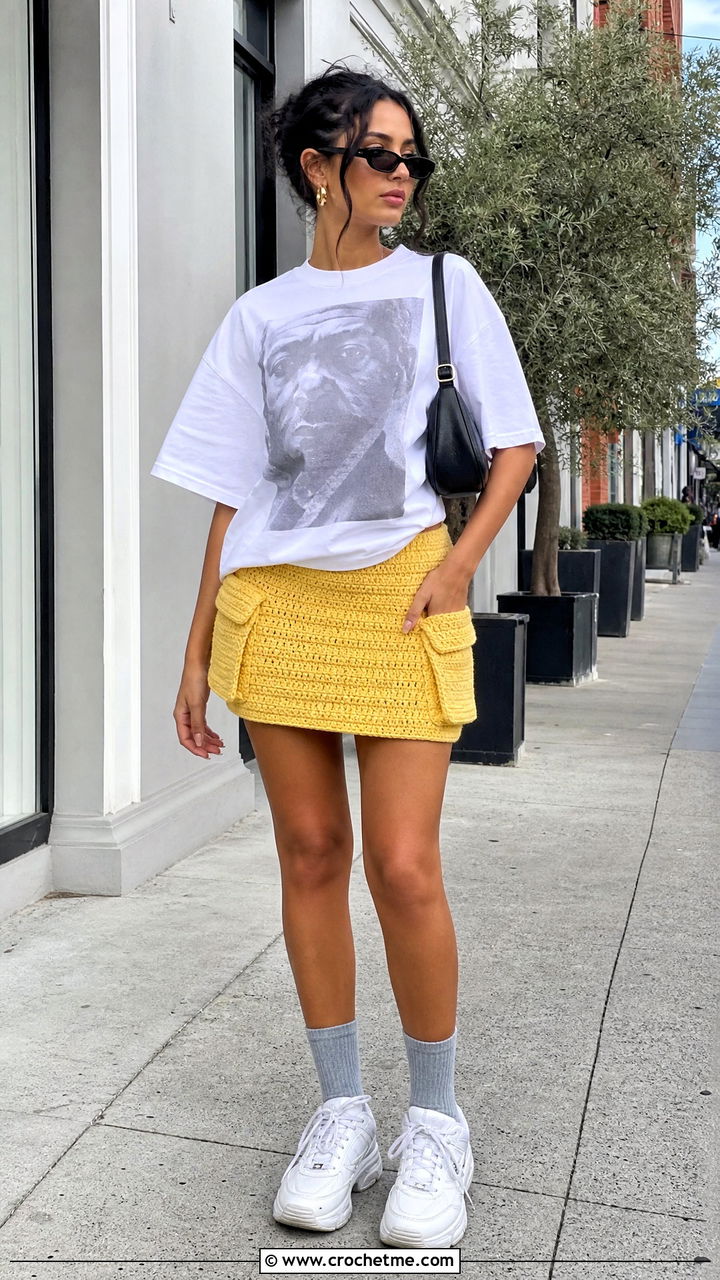 Mini Crochet Cargo Skirt With Oversized T Shirt - 35 crochet cargo skirt outfit ideas