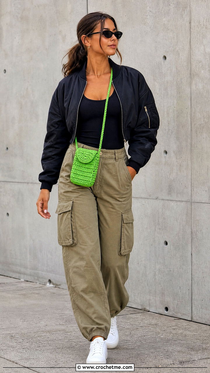 Mini Crochet Crossbody Bag With Cargo Pants - 35 crochet accessories outfit ideas