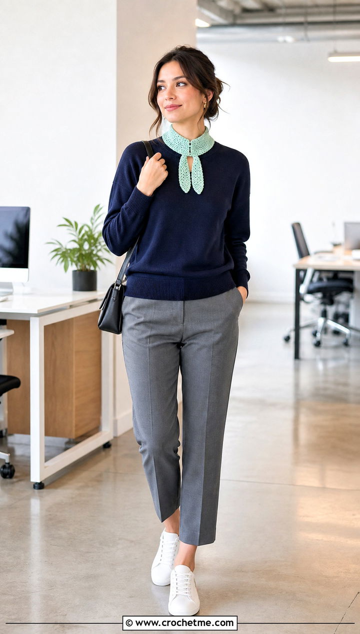 Mini Crochet Keyhole Scarf With Cropped Trousers - 35 crochet keyhole scarf outfit ideas