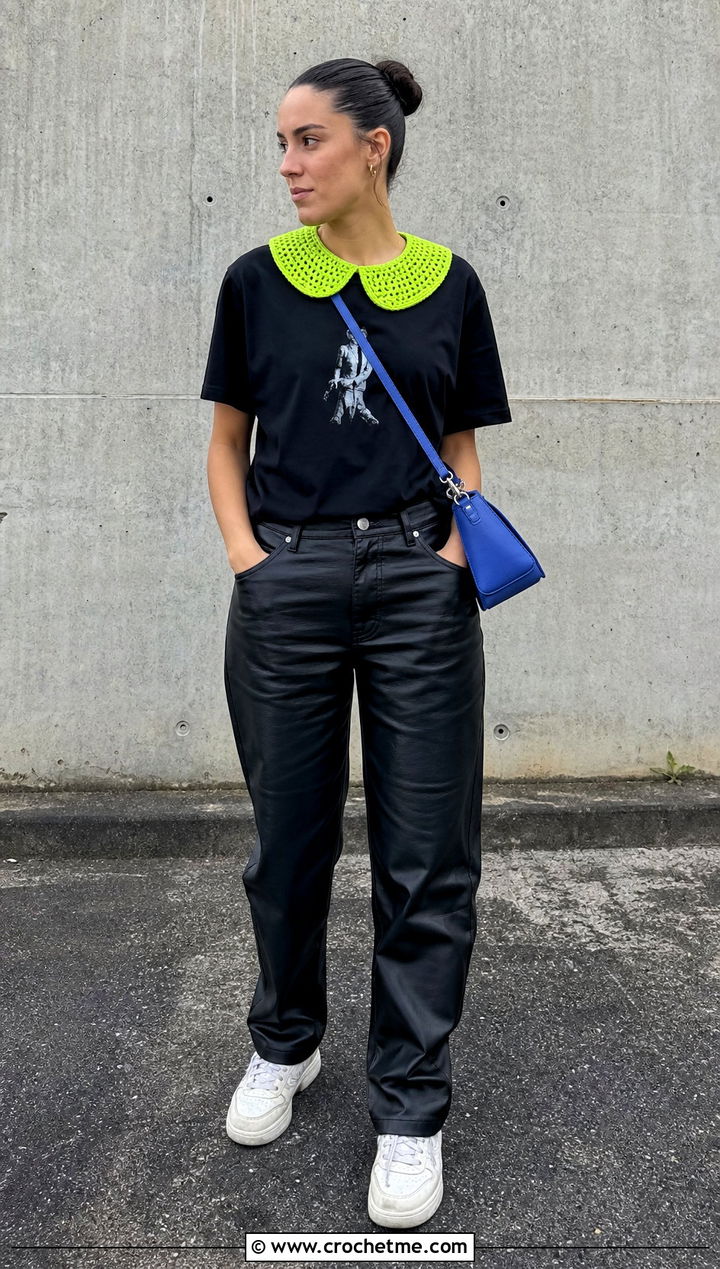 Mini Crochet Peter Pan Collar With Graphic T Shirt And Leather Pants - 35 crochet peter pan collar outfit ideas