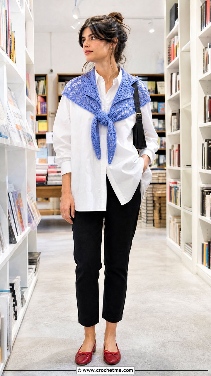 Mini Crochet Shawl With Button Down Shirt - 35 easy simple crochet shawl outfit ideas