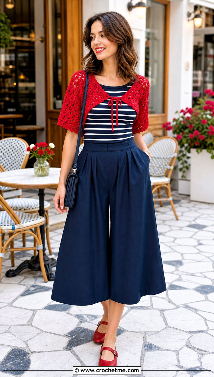 Mini Crochet Shoulder Shawl With Striped Tee And Culottes - 35 easy crochet shawl outfit ideas