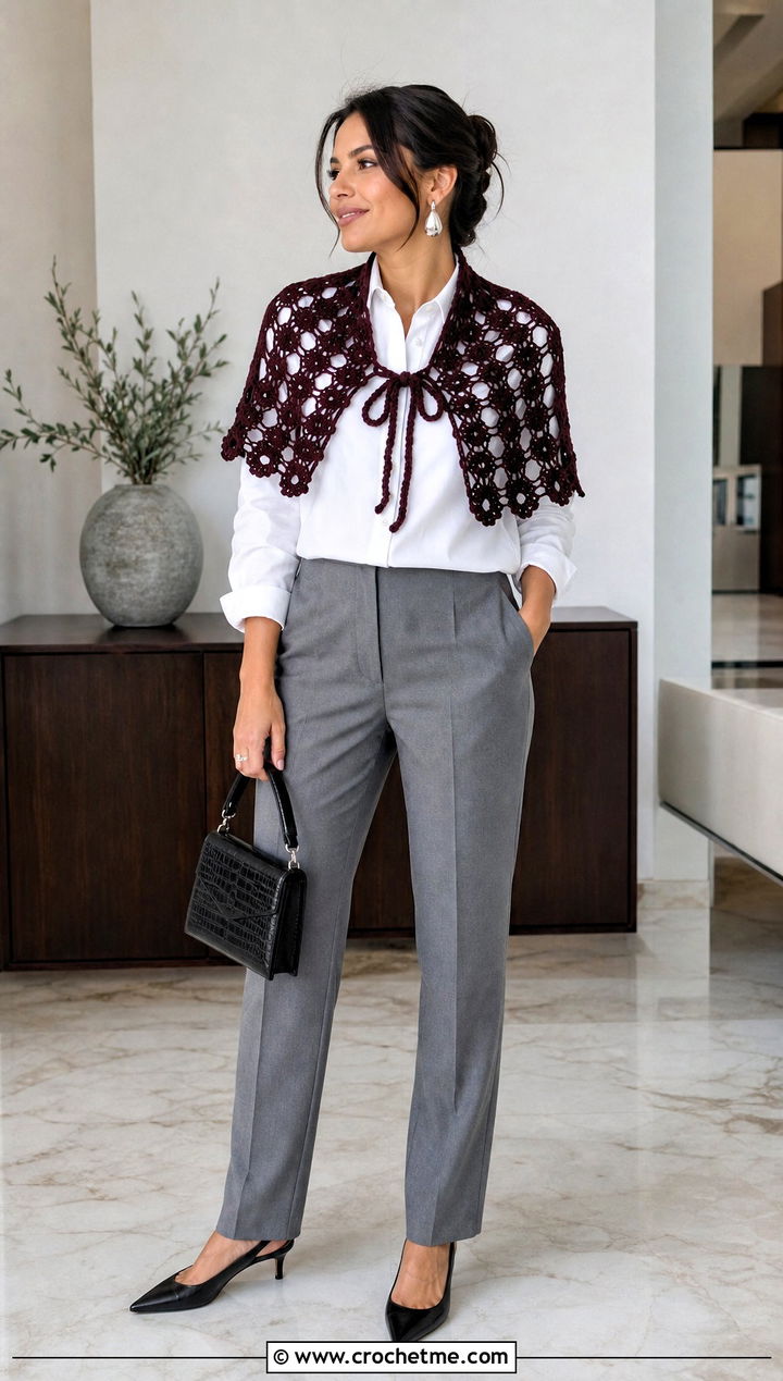 Mini Crochet Skull Shawl With a White Shirt and Trousers - 35 crochet skull shawl outfit ideas
