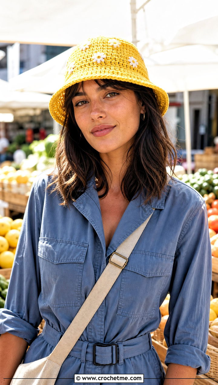 Mini Daisy Crochet Bucket Hat With Utility Jumpsuit - 25 daisy crochet bucket hat outfit ideas