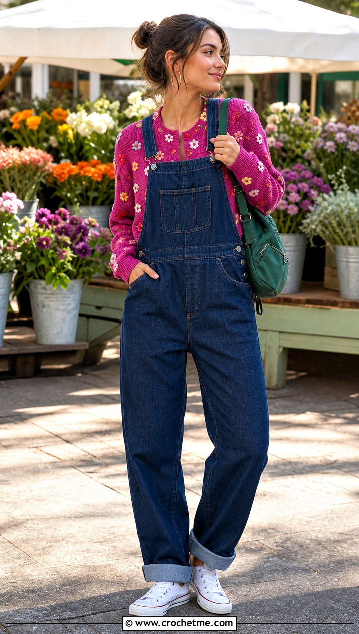 Mini Flower Cardigan With Denim Overalls - 30 crochet flower cardigan outfit ideas