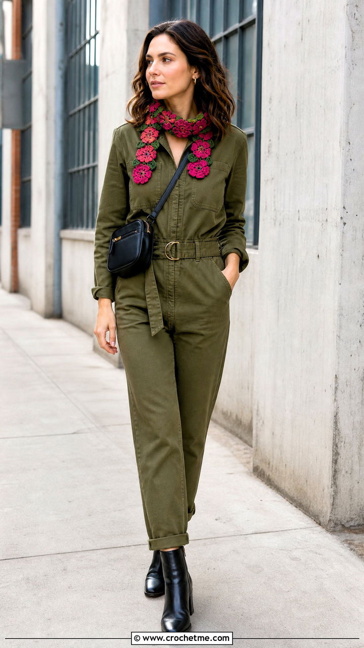 Mini Flower Crochet Scarf With Utility Jumpsuit And Boots - 35 crochet flower scarf outfit ideas