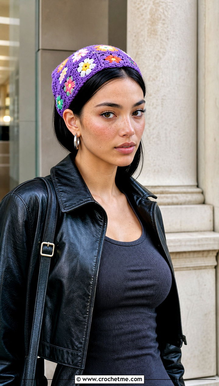 Mini Flower Granny Square Hair Scarf With Leather Jacket And Black Jeans - 25 granny square hair scarf outfit ideas