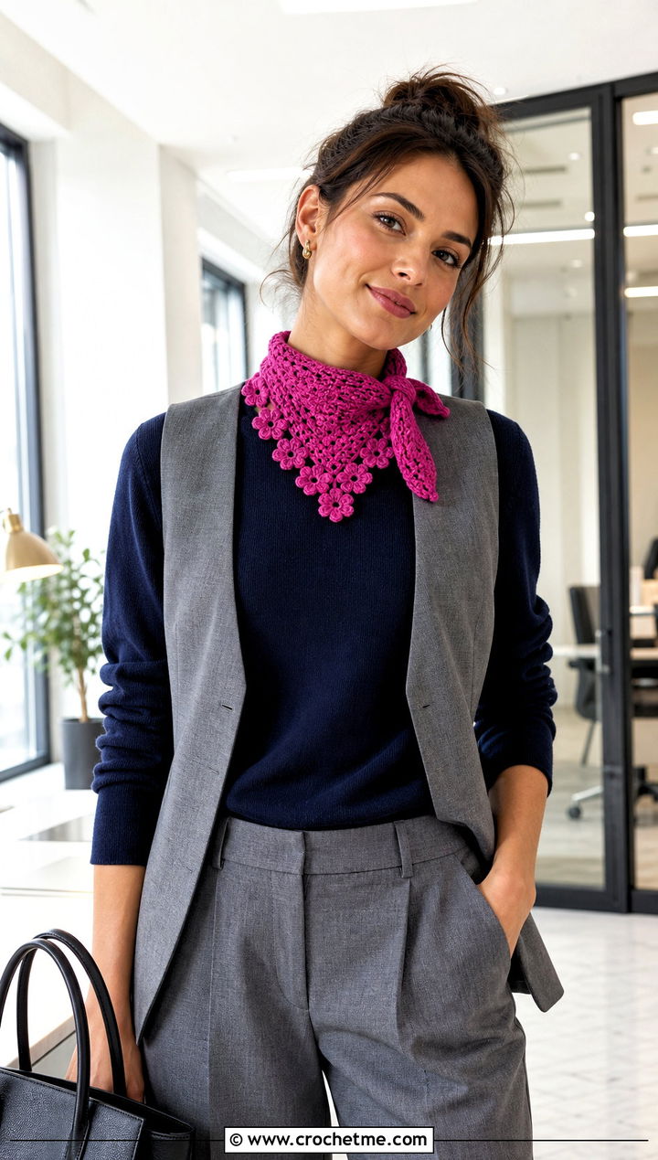 Mini Flower Neckerchief With Workwear - 30 crochet scarf with flowers outfit ideas