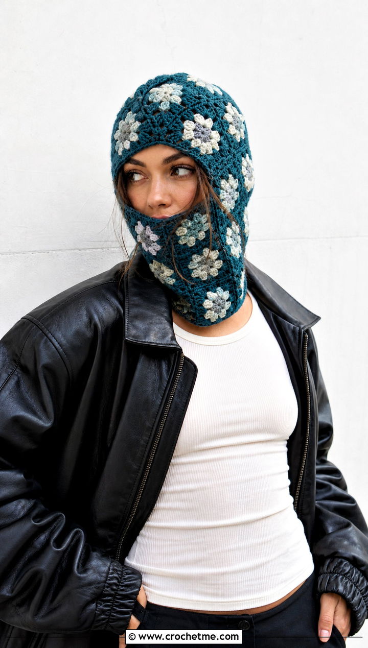Mini Granny Square Balaclava With Leather Bomber Jacket - 30 crochet granny square balaclava outfit ideas