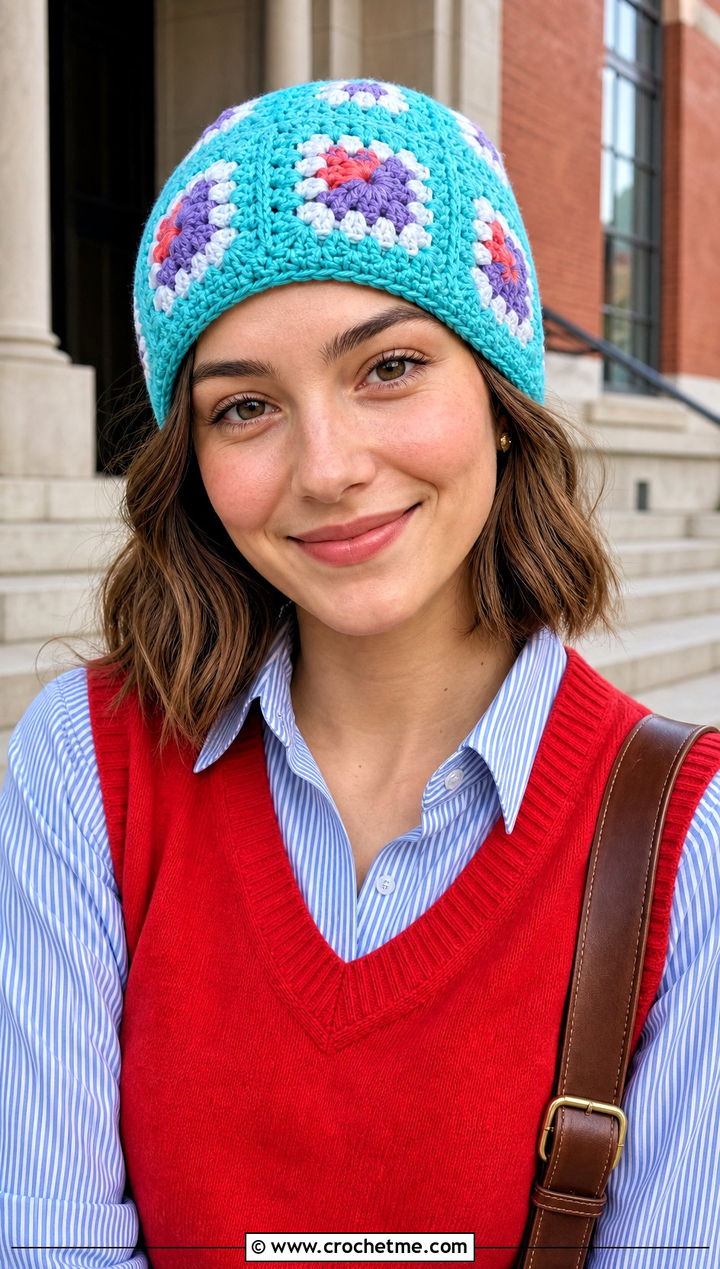 Mini Granny Square Beanie With Sweater Vest - 20 Granny Crochet Hat outfit ideas