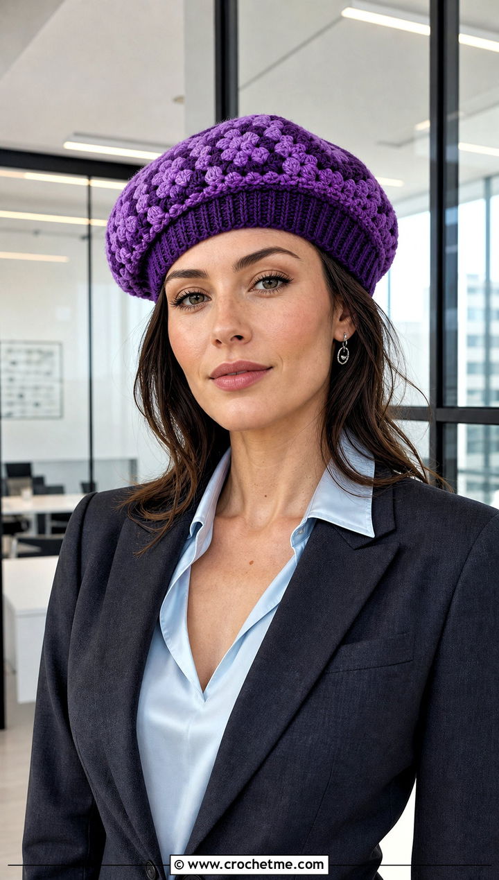 Mini Granny Square Beret With Tailored Suit - 25 Granny Square Beret outfit ideas