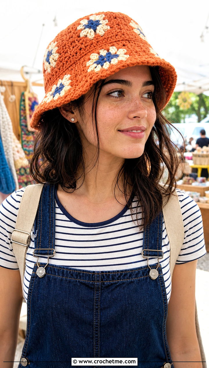 Mini Granny Square Bucket Hat With Overalls And Striped Tee - 25 granny crochet bucket hat outfit ideas