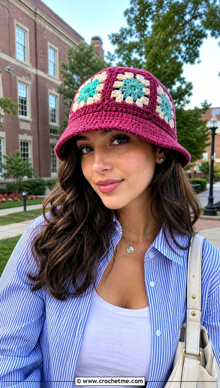 Mini Granny Square Bucket Hat With Preppy Outfit - 15 Crochet Granny Square Bucket Hat outfit ideas