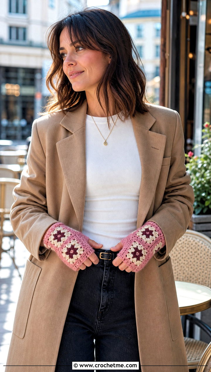 Mini Granny Square Fingerless Gloves With Blazer And Jeans - 30 crochet granny square fingerless gloves outfit ideas