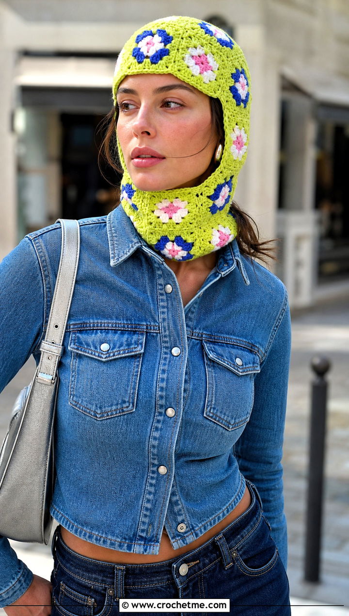Mini Granny Square Helmet Balaclava With Double Denim - 25 crochet helmet balaclava outfit ideas