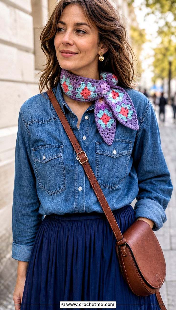 Mini Granny Square Scarf With Denim Shirt And Maxi Skirt - 30 crochet granny square scarf outfit ideas