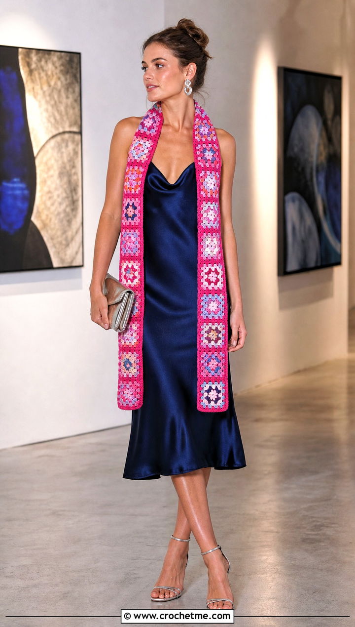 Mini Granny Square Scarf With Satin Slip Dress And Heels - 35 granny square crochet scarf outfit ideas