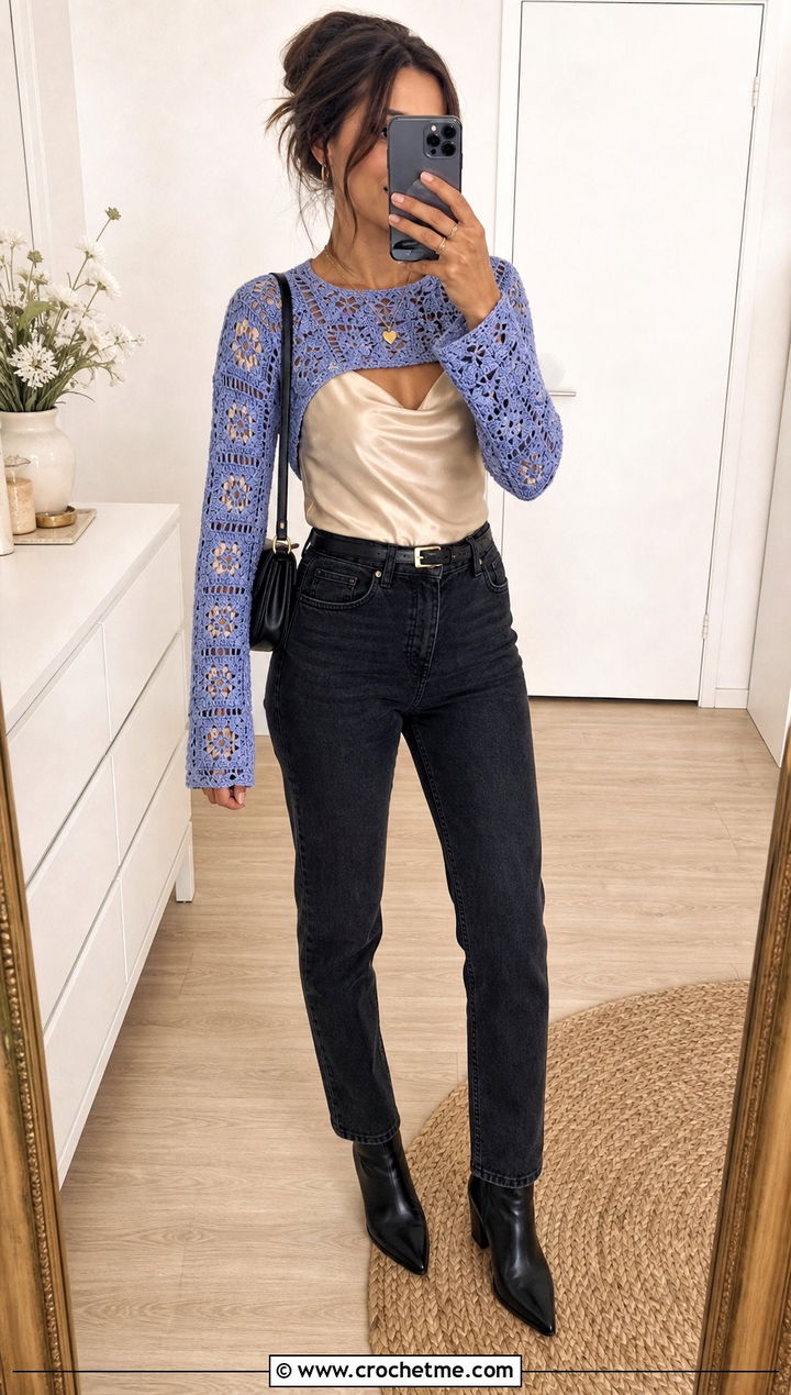Mini Granny Square Shrug With Satin Camisole And Jeans - 35 Granny Square Outfit ideas