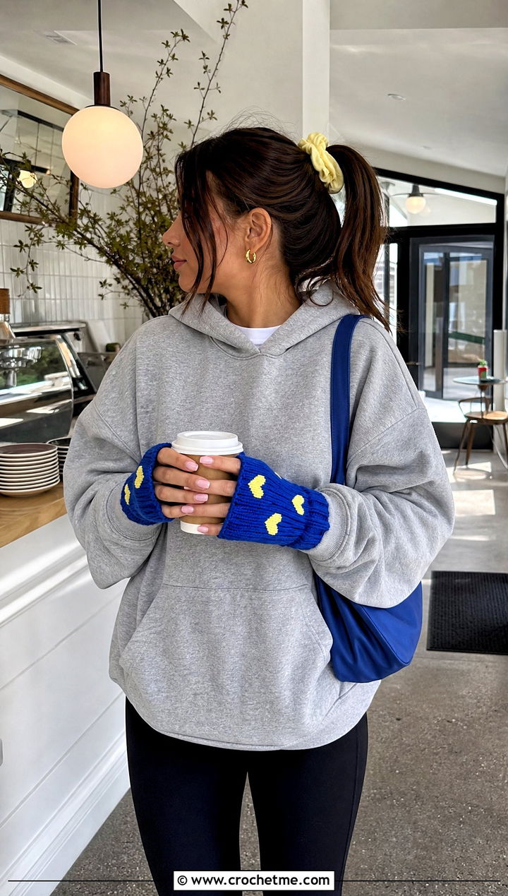 Mini Heart Crochet Mitts With Hoodie And Leggings - 15 Heart Crochet Gloves outfit ideas