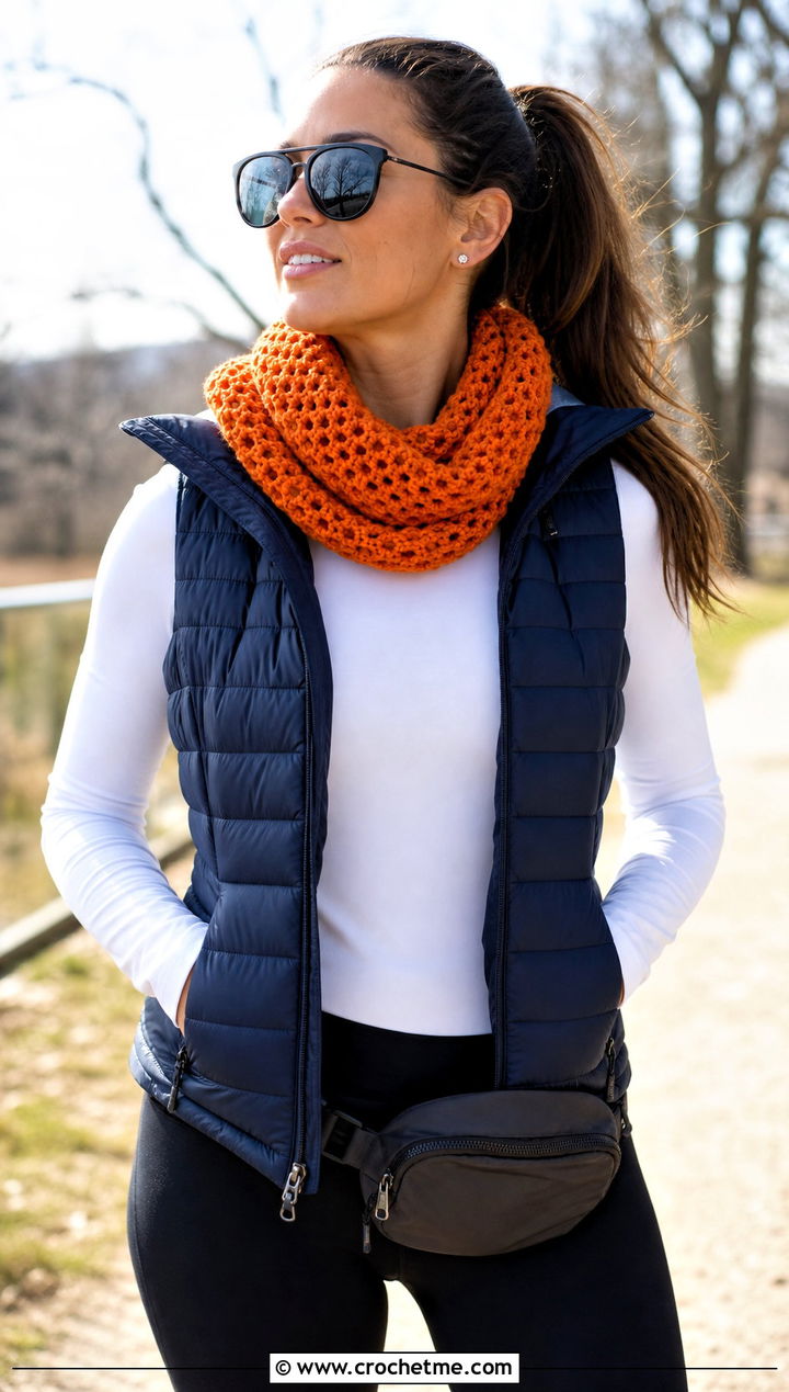 Mini Infinity Crochet Cowl With Puffer Vest And Leggings - 15 Small Neck Crochet Scarf outfit ideas