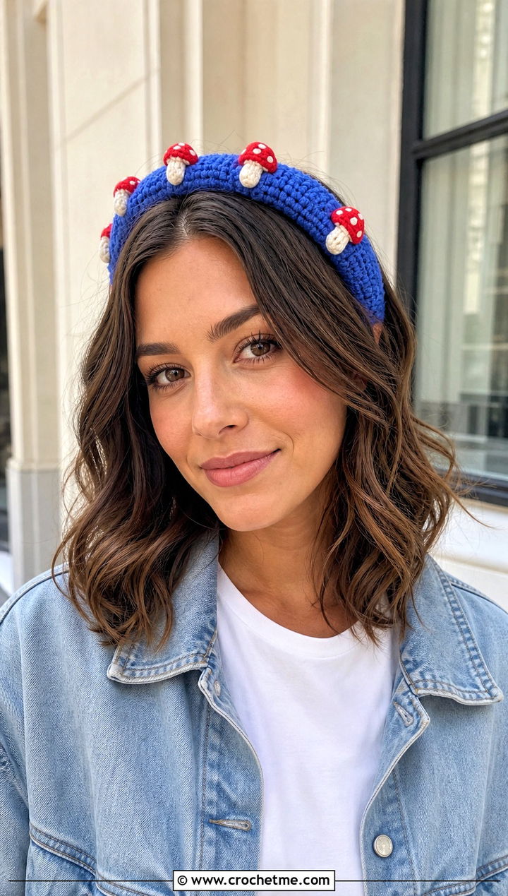 Mini Mushroom Applique Headband With Denim Jacket - 25 mushroom crochet headband outfit ideas