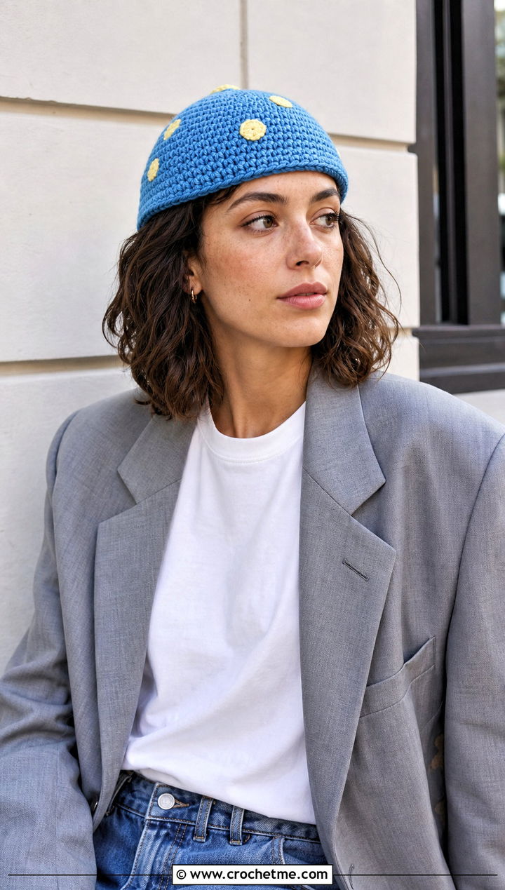 Mini Mushroom Crochet Cap With Blazer And Jeans - 20 Mushroom Crochet Cap outfit ideas