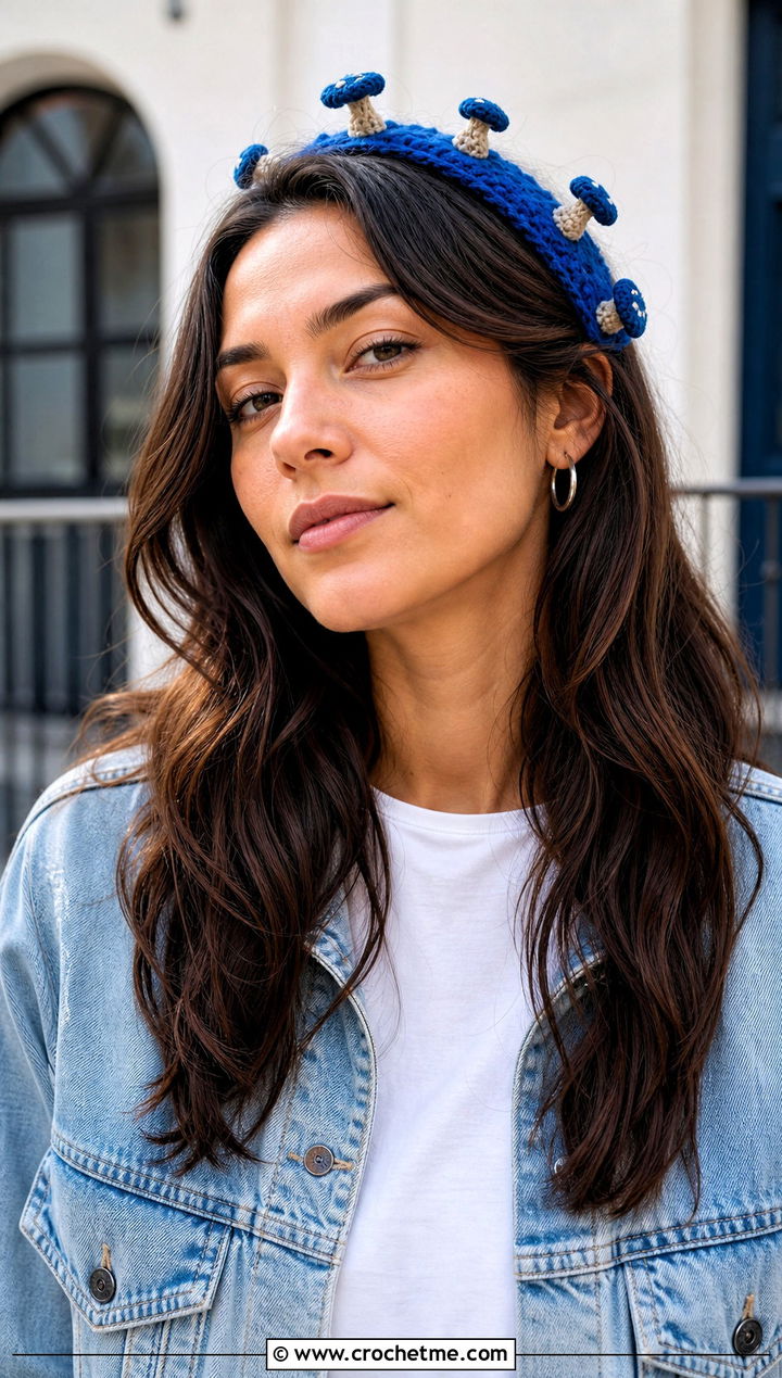 Mini Mushroom Crochet Headband With Denim Jacket - 25 Crochet Mushroom Headband outfit ideas