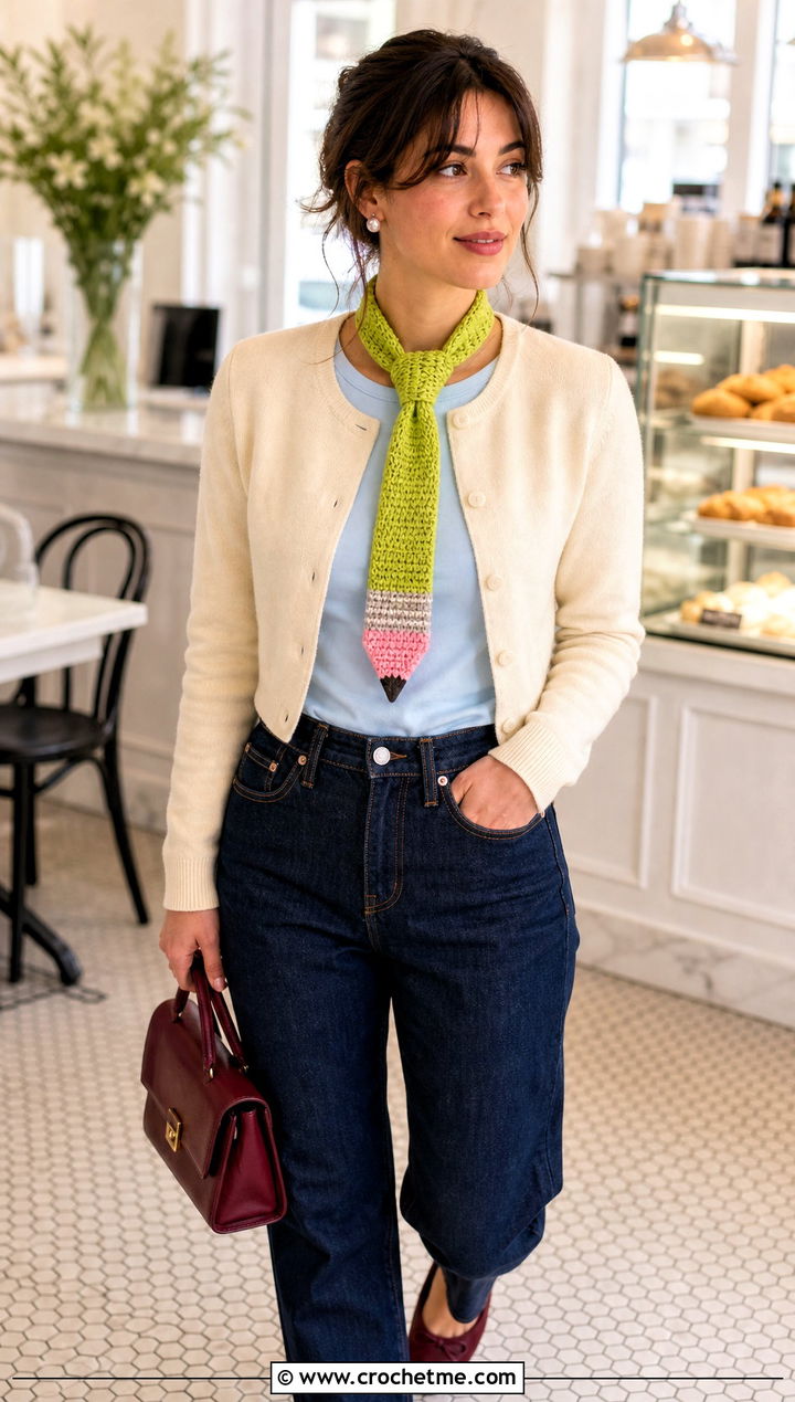 Mini Pencil Crochet Scarf With Cardigan - 30 Pencil Crochet Scarf outfit ideas