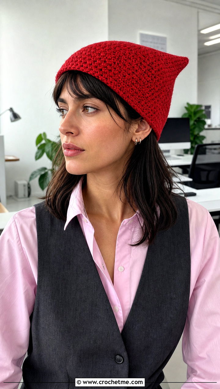 Mini Point Crochet Hat With Office Trousers - 25 Crochet Pointed Hat outfit ideas
