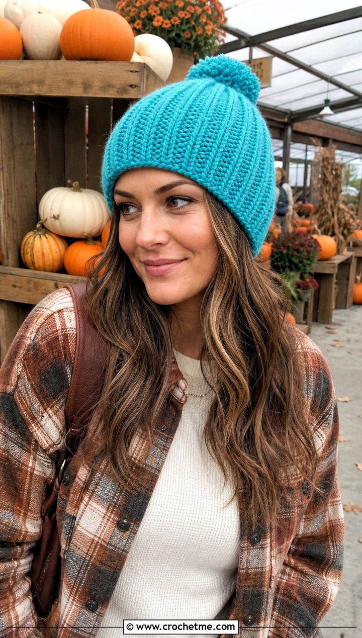 Mini Pom Crochet Ribbed Beanie With Shacket - 20 Easy Crochet Ribbed Hat outfit ideas