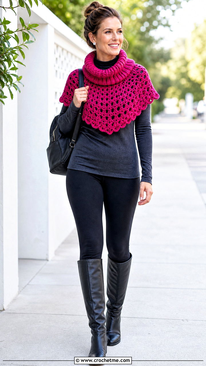 Mini Poncho Crochet Cowl Scarf With Leggings - 35 crochet cowell scarf outfit ideas