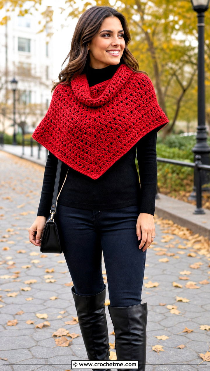 Mini Poncho Triangle Cowl With Skinny Jeans - 30 crochet triangle cowl outfit ideas