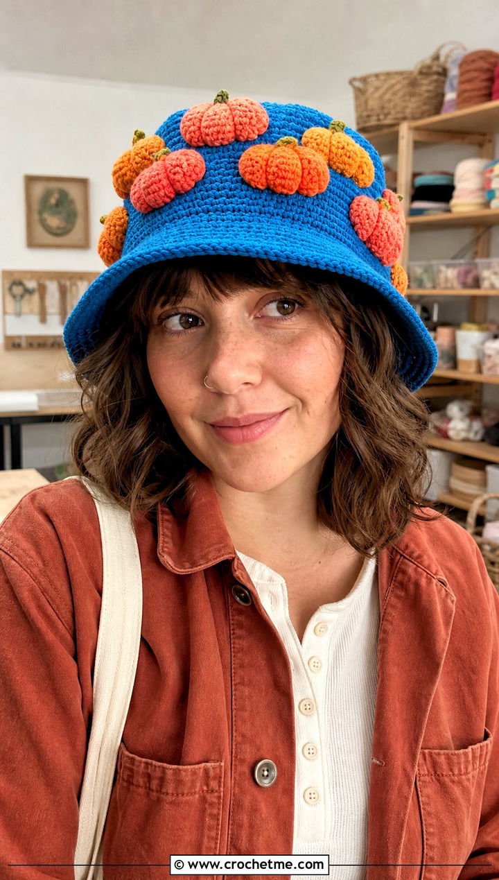Mini Pumpkin Applique Bucket Hat With Workwear Layers - 30 crochet pumpkin bucket hat outfit ideas