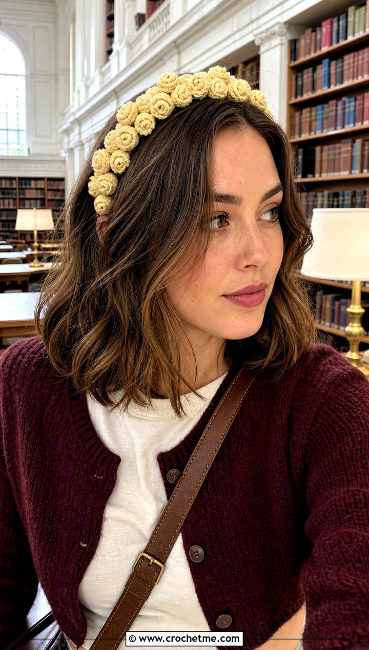Mini Rosebud Crochet Flower Crown Headband With Cardigan - 25 crochet flower crown headband outfit ideas